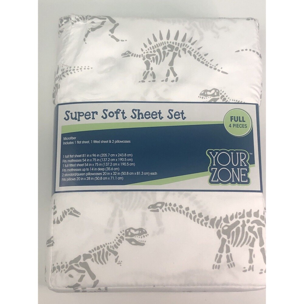 Dinosaur Full Size Bed Sheet Set 4pc Fossil Skeleton Bones Microfiber Kids Gray